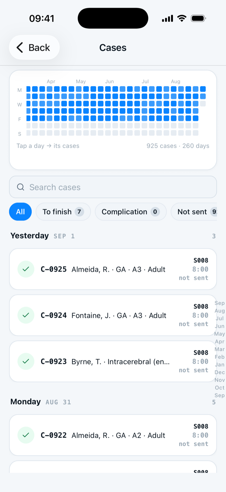 The Capnolog case archive: a year of logged days as a grid, a search box, filter chips, and the day's cases underneath — each row its attending, anesthetic, room and status