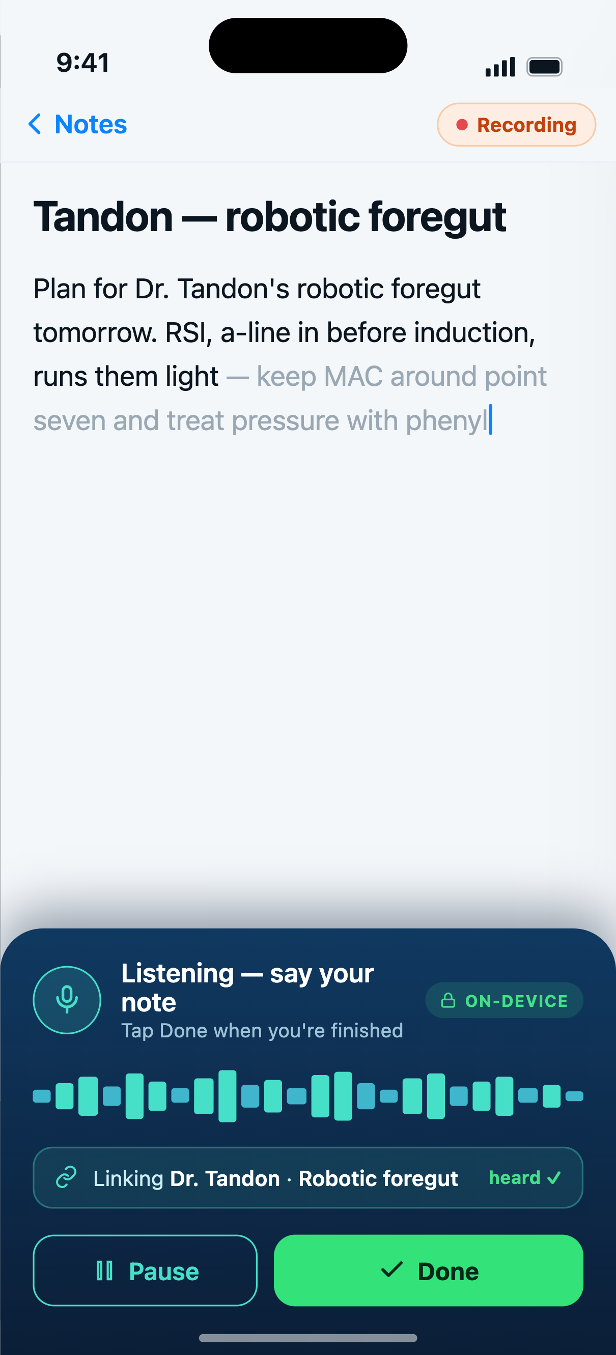 Capnolog note dictation screen: a live transcript with an on-device indicator and an attending and procedure link chip