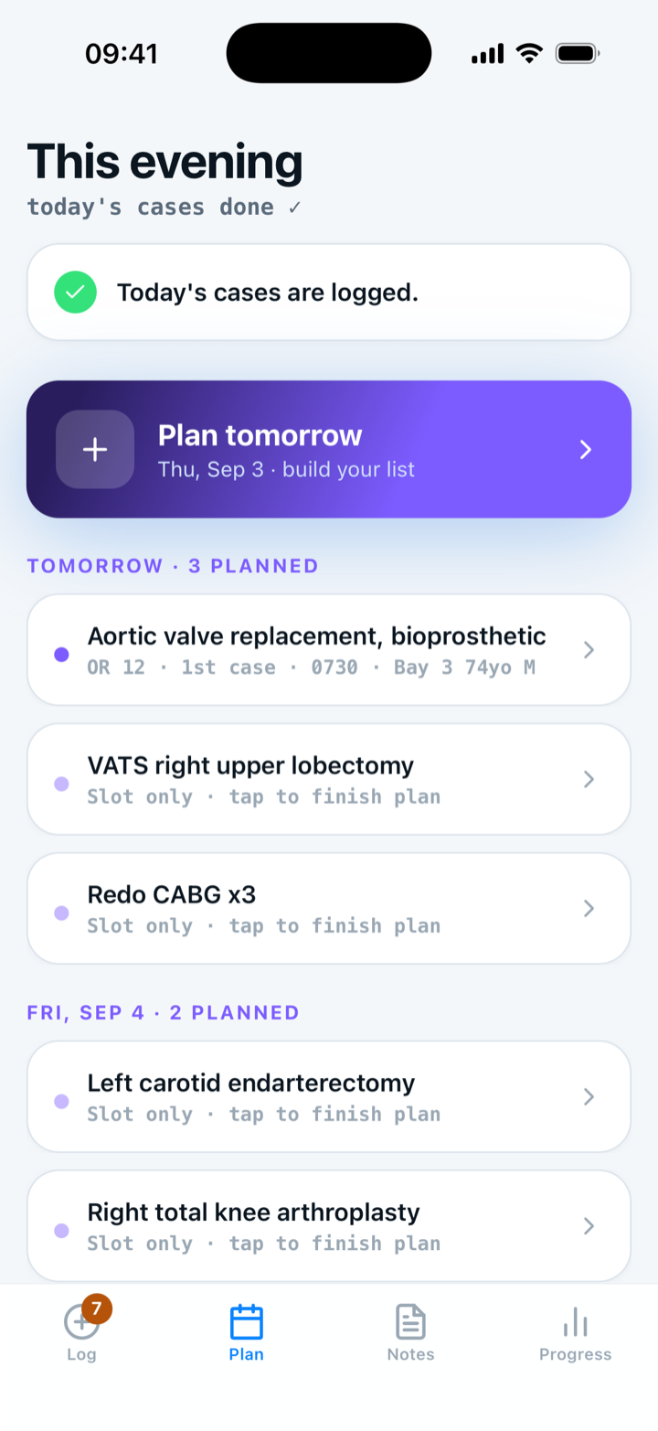 Capnolog Plan tab showing tomorrow's planned cases by day