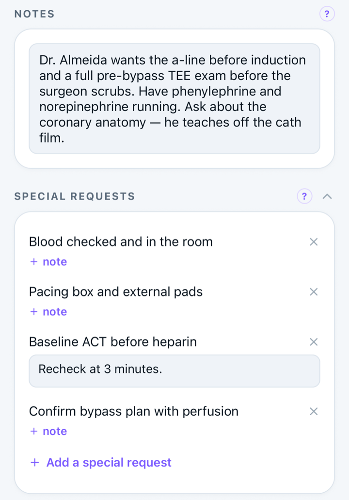 Capnolog plan editor — Notes & special requests