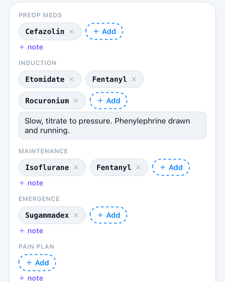Capnolog plan editor — Drugs, pre-op to post-op