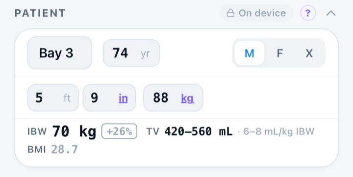 Capnolog plan editor — Patient details, on device