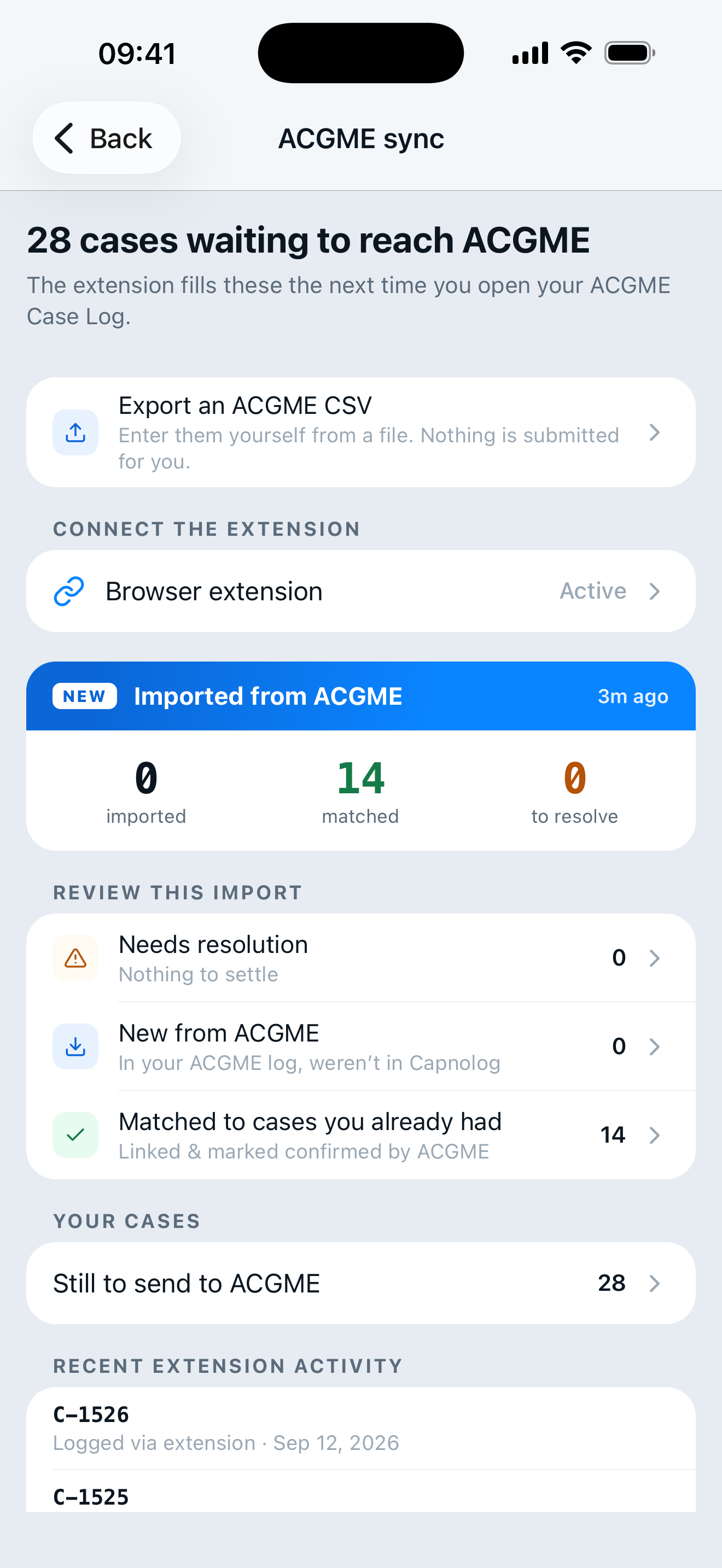 The ACGME sync screen: the count of cases waiting to reach ACGME, the browser extension shown as active, and the result of the last import broken into imported, matched and to resolve