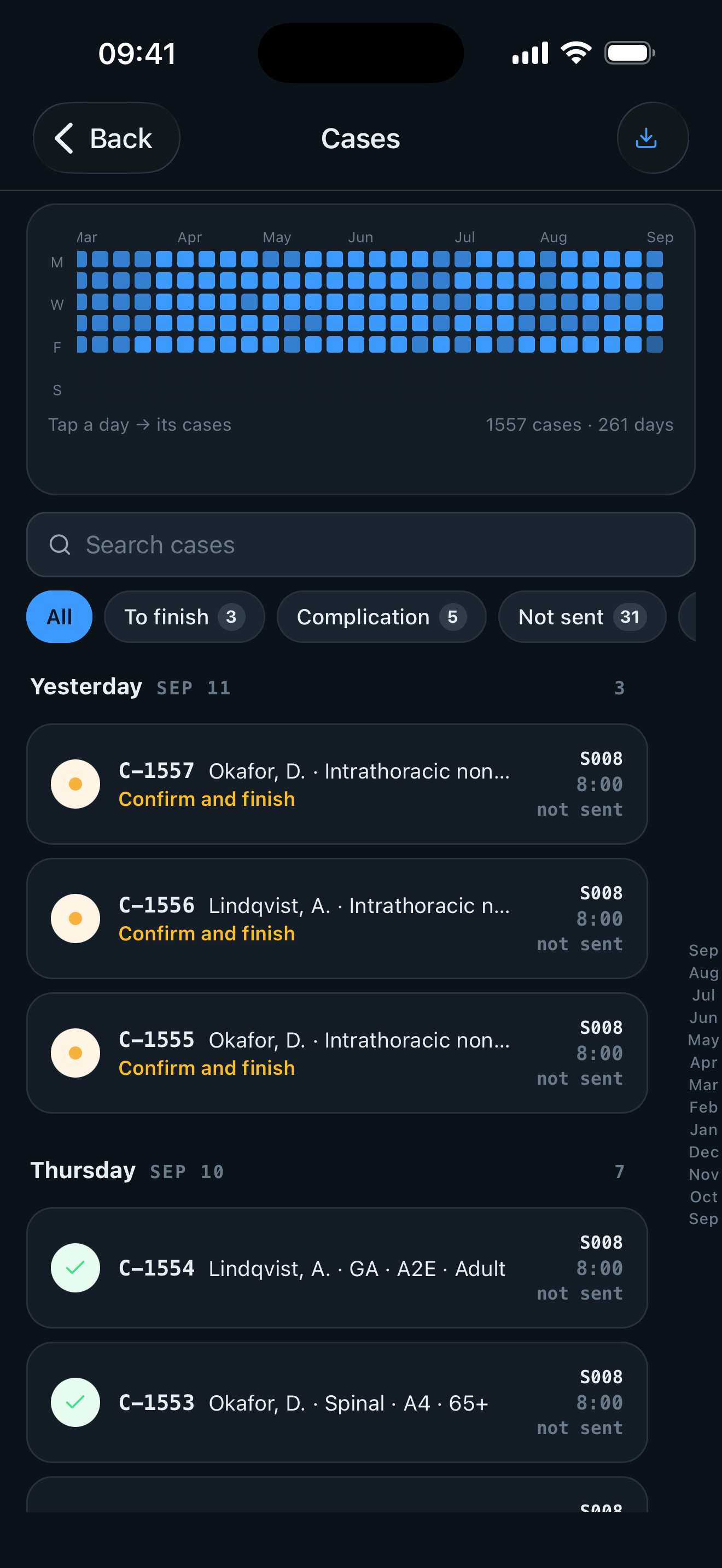 The Cases archive in dark mode: a year of logged days as a grid, then recent cases listed by case id, attending and procedure