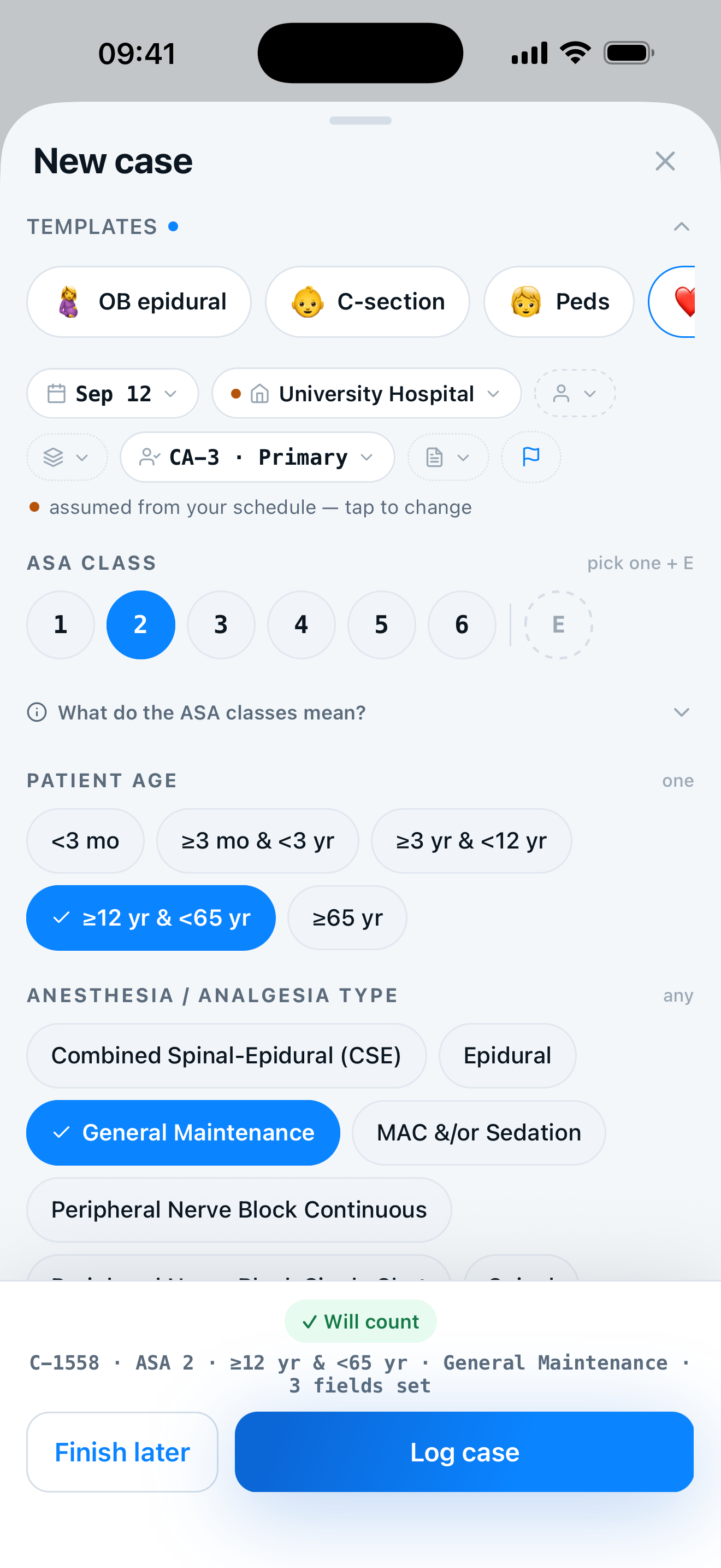 The new case sheet on an anesthesiology install: a template row, the date and hospital already set, and the case's ASA class, patient age band and anesthesia type picked as chips