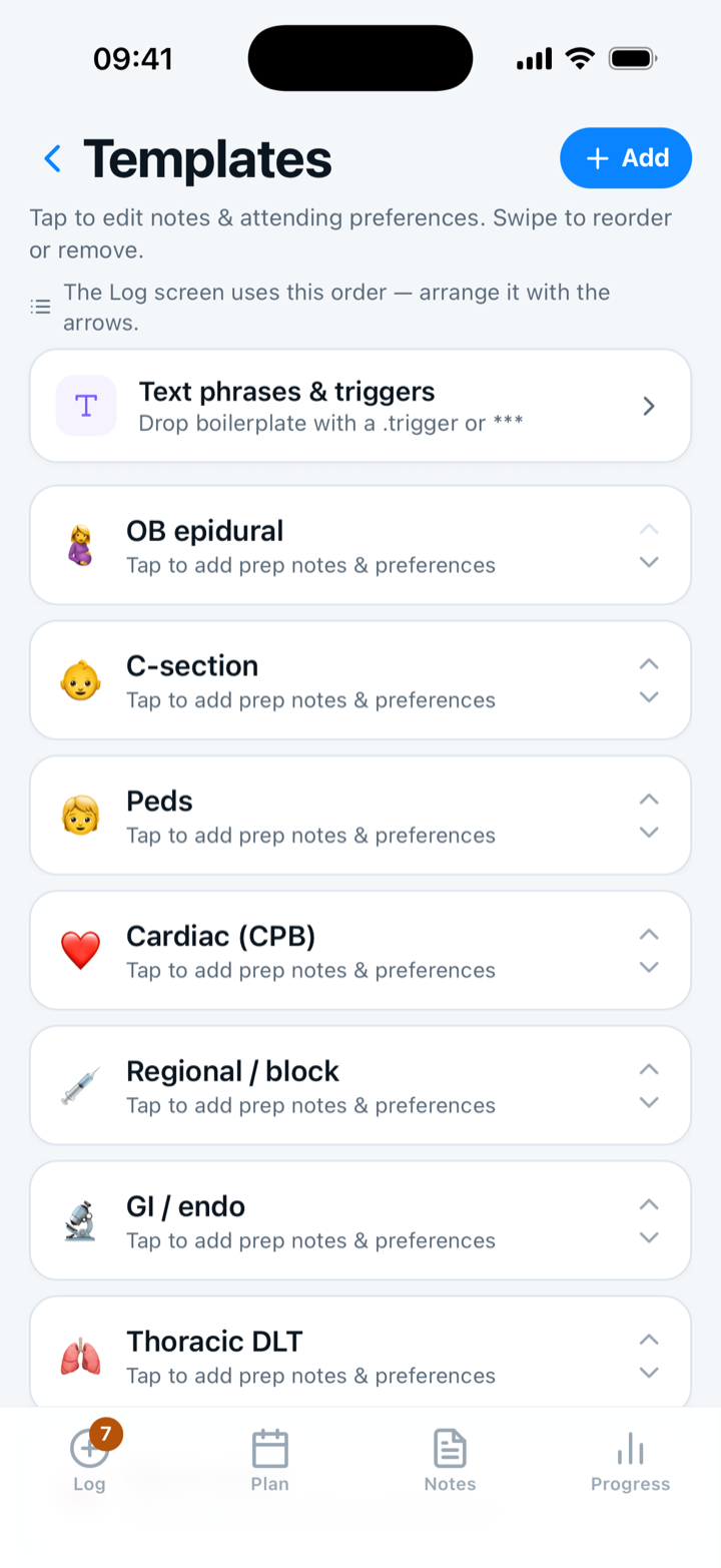 The Capnolog Templates screen: saved case templates — OB epidural, C-section, Cardiac on bypass, Regional block — each expandable for prep notes and attending preferences