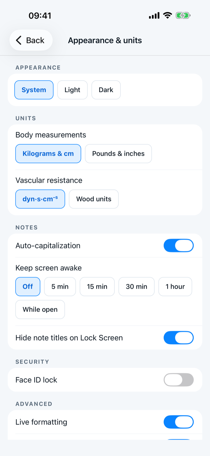 The Appearance and units screen, with the Face ID lock switch under Security.