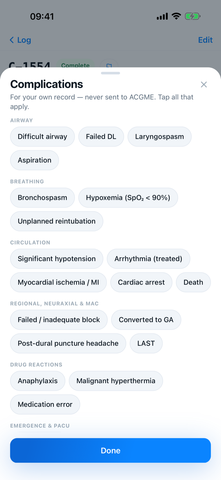 The Complications screen, with events grouped under headings such as Airway and Breathing.