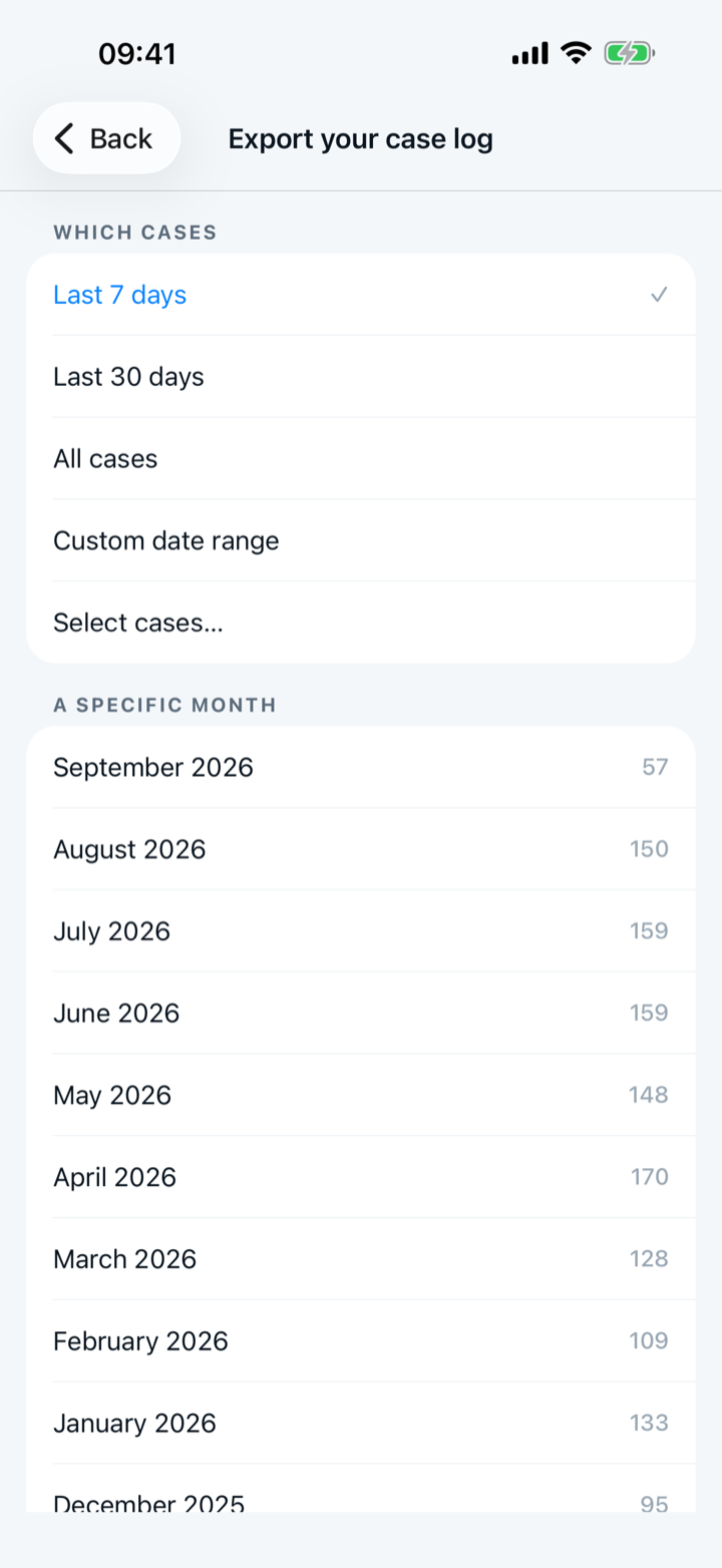 The export screen, with the choices for which cases to include.