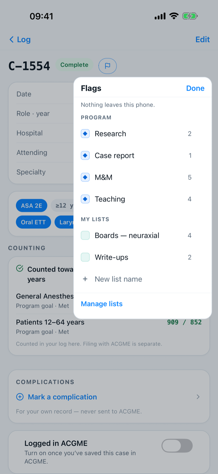 The Flags menu on a case, with the program’s lists above your own.