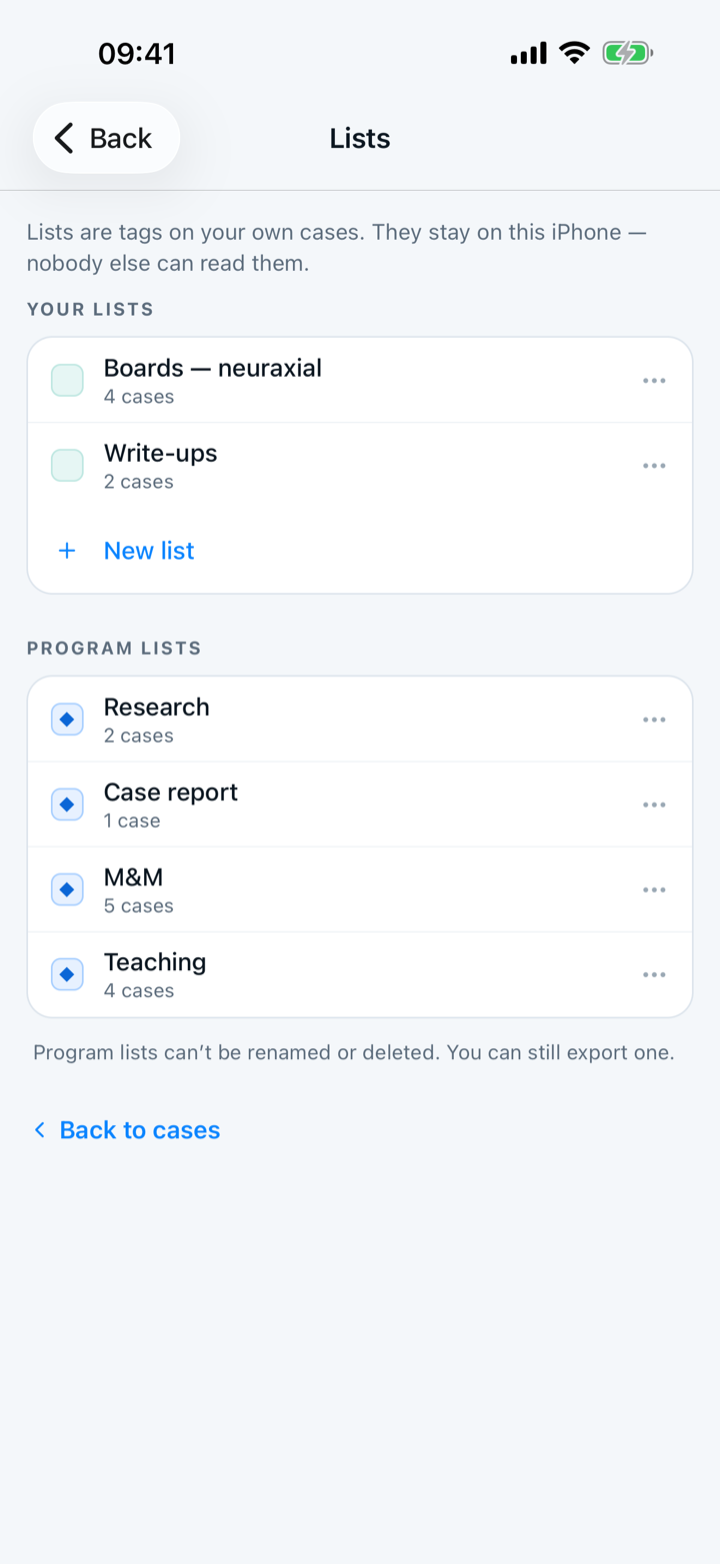 The Lists screen, with your lists above the program’s lists.