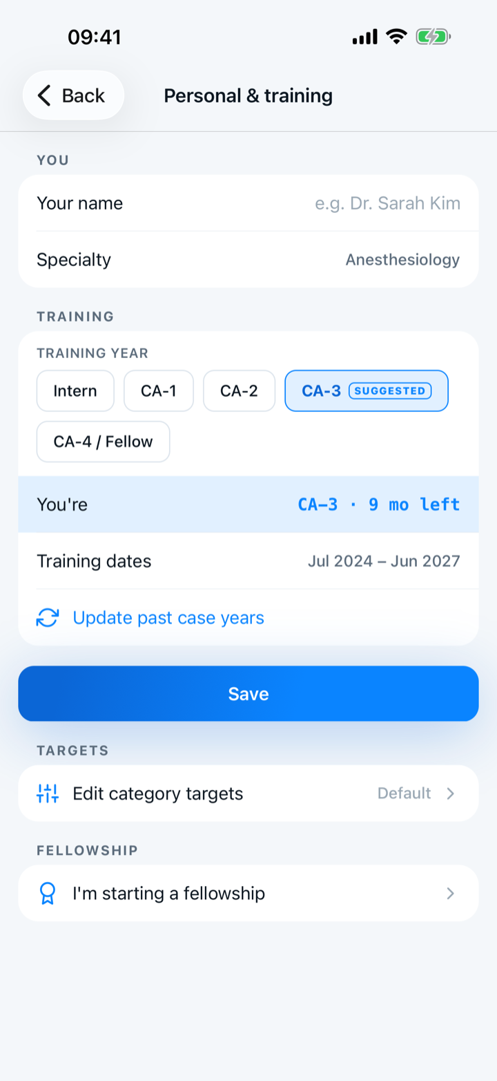 The Personal and training screen, with the training year, the training dates, and “Update past case years”.