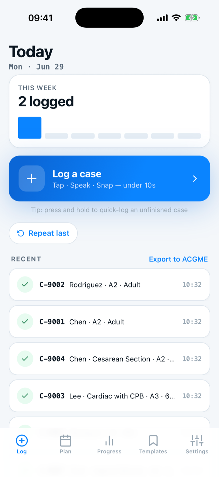 Capnolog home screen: this week's logged cases and the Log a case button