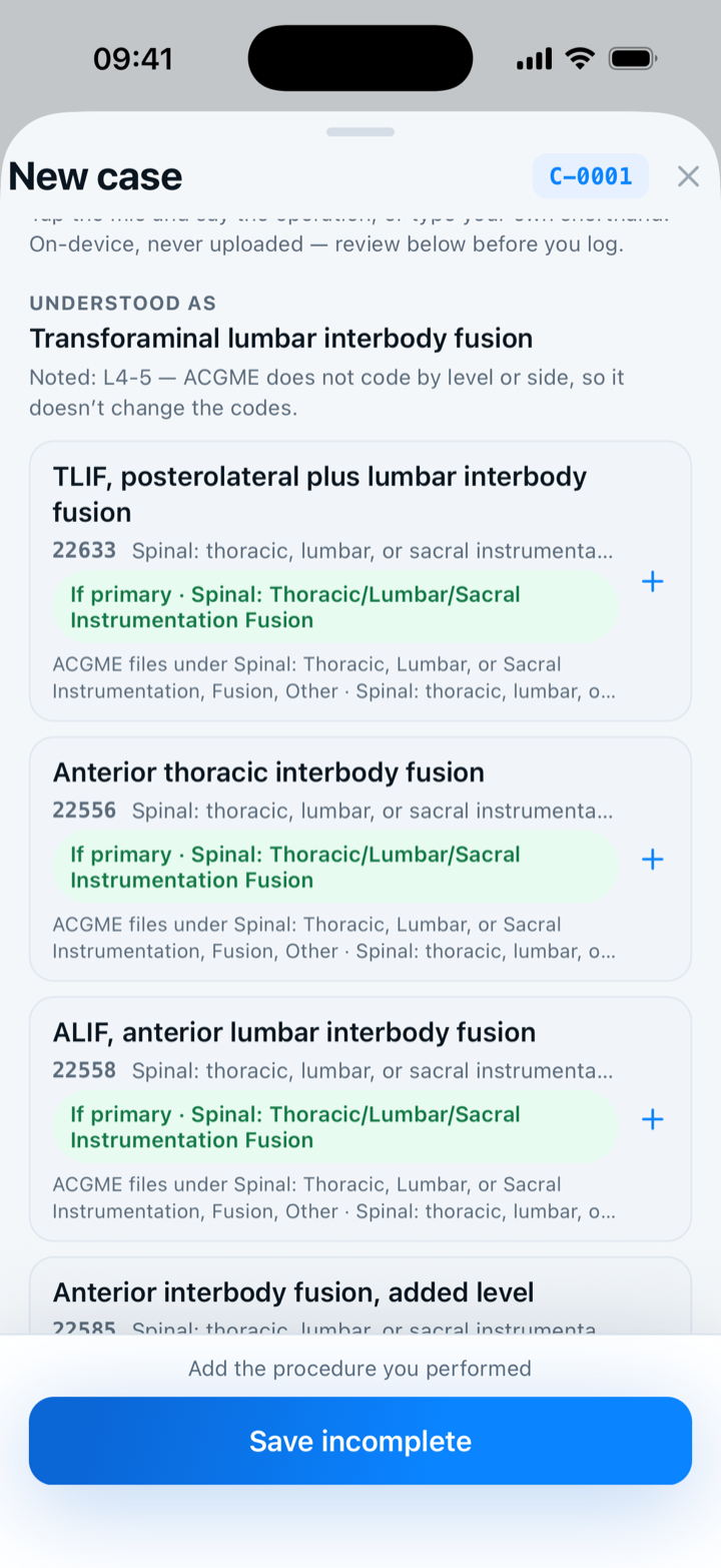 A neurological surgery case resolved into CPT codes, each labelled with the category the code counts toward