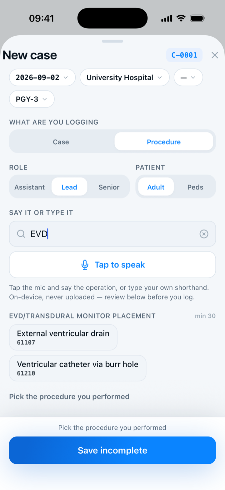 Capnolog with the new-case sheet switched to Procedure: “EVD” typed into the field, matched to EVD/transdural monitor placement with CPT 61107 and 61210 to pick from