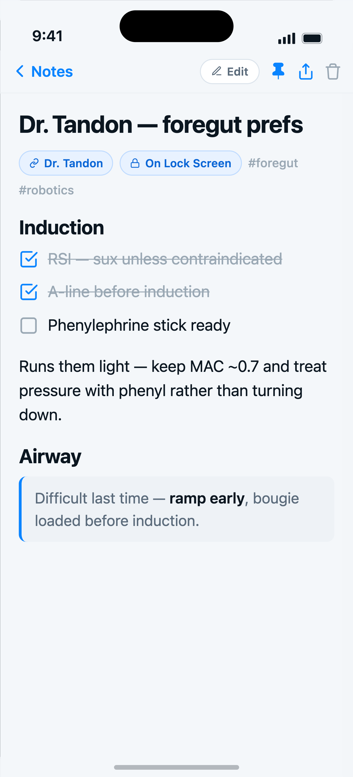 Capnolog note of an attending's foregut preferences — linked to the attending, pinned to the Lock Screen, with a tap-through induction checklist