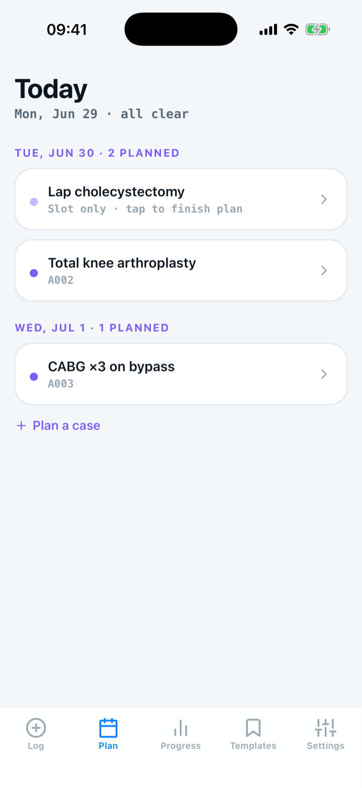Capnolog Plan tab showing tomorrow's planned cases by day